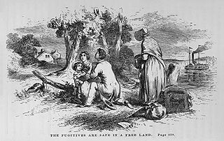 "The fugitives are safe in a free land." Illustration by Hammatt Billings for Uncle Tom's Cabin, First Edition. The image shows George Harris, Eliza, Harry, and Mrs. Smyth after they escape to freedom.