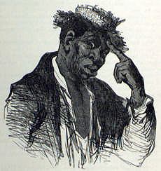 Illustration of Sam from the 1888 "New Edition" of Uncle Tom's Cabin. The character of Sam helped create the stereotype of the lazy, carefree "happy darky."