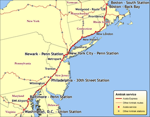 Map of Acela Express service on the Northeast Corridor.
