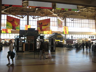 South Station, in Boston, Massachusetts, is a major transportation hub for interstate Amtrak trains and for the MBTA commuter rail, operated by Amtrak.