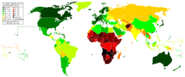 CIA World Factbook 2007 Estimates for Life Expectancy at birth (years).           over 80      77.5-80.0      75.0-77.5      72.5-75.0      70.0-72.5      67.5-70.0      65.0-67.5       60-65      55-60      50-55      45-50      40-45      under 40               not available 