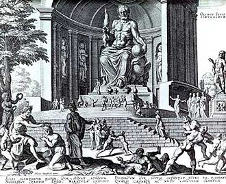 The Statue of Zeus at OlympiaPhidias created the 40ft (12m) tall statue of Zeus at Olympia about 435 BC. The statue was perhaps the most famous sculpture in Ancient Greece, imagined here in a 16th century engraving