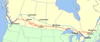 Old (red) and new (blue) route maps of The Canadian