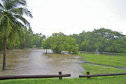 Flooding of a creek due to heavy monsoonal rain and high tide in Darwin, Northern Territory, Australia