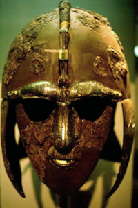 An Anglo-Saxon helmet found at Sutton Hoo, probably belonging to Raedwald of East Anglia circa 625.