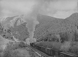A Northern Pacific train travels over Bozeman Pass, June 1939.
