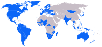 Countries highlighted in blue are designated "Electoral Democracies" in Freedom House's 2006 survey Freedom in the World.