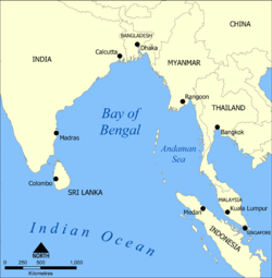 A map showing the location of the Bay of Bengal.