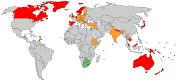 States currently utilizing parliamentary systems are denoted in red and orange—the former being constitutional monarchies where authority is vested in a parliament, the latter being parliamentary republics whose parliaments are effectively supreme over a separate head of state. States denoted in green have the roles of head of state and head of government in one office, similar to presidential systems, but this office is filled by parliament's choice and elected separately.