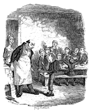 "Please, sir, I want some more." Illustration by George Cruikshank.