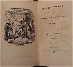 Cover page of Oliver Twist, Volume I. This is the first novelization which appeared in 1838, six months before the serialization was completed.