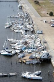 Hurricane Ivan sank and stacked numerous boats at Bayou Grande Marina at Naval Air Station Pensacola, Florida.