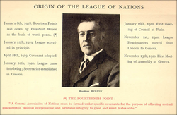 A commemorative card depicting American President Wilson and the "Origin of the League of Nations"