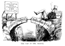 The Gap in the Bridge the sign reads "This League of Nations Bridge was designed by the President of the U.S.A"  Cartoon from Punch magazine, December 10 1920, satirising the gap left by the U.S.A when they did not join the League of Nations.