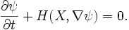  \frac{\part  \psi}{\part t} + H(X,\nabla \psi) =0.\,