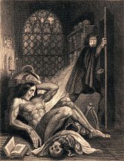 The frontispiece to the 1831 Frankenstein by Theodor von Holst, one of the first two illustrations for the novel