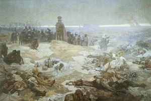Painting by Alfons Mucha, detailing carnage after the Battle of Grunwald.