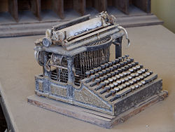 This Smith Premier typewriter, purchased around the end of the 19th century, was found abandoned in the Bodie ghost town. This early example had separate keys for upper- and lower-case letters.
