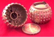 Replaceable IBM typeballs with clip, 2 Euro coin to compare