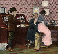 "Get out! Can't you see I'm busy." Early 20th century humorous postcard; boss man puts his arm around female typist
