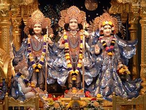 Deities of Sri Sri Sita (far right), Rama (center), Lakshmana (far left) and Hanuman (below seated) at Bhaktivedanta Manor, Hare Krishna temple in Watford England