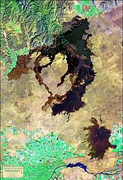 LANDSAT satellite photo showing the entire Great Rift volcanic zone and its three lava fields.