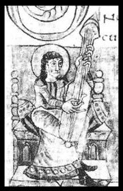 Illustration from a Carolingian Psalter from the 9th century, showing a guitar-like plucked instrument.