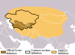 Map of Central Asia showing three sets of possible boundaries for the region