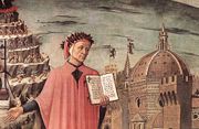 Dante, poised between the mountain of purgatory and the city of Florence, displays the famous incipit Nel mezzo del cammin di nostra vita in a detail of Domenico di Michelino's painting, Florence 1465.