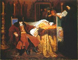Ivan the Terrible meditating at the deathbed of his son. Ivan's murder of his son brought about the extinction of the Rurik Dynasty and the Time of Troubles. Painting by Vyacheslav Grigorievich Schwarz (1861).