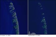 The Chandeleur Islands, before Katrina (left) and after (right), showing the impact of the storm along coastal areas.
