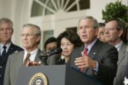 President Bush stands with Secretary of Defense Donald Rumsfeld, Secretary of Labor Elaine Chao and Secretary of Health and Human Services Mike Leavitt during a press conference from the Rose Garden, regarding the devastation along the Gulf Coast caused by Katrina.