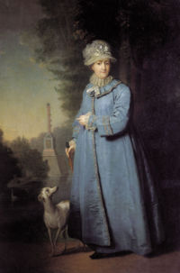 Portrait of Catherine in an advanced age, with the Chesme Column in the background.