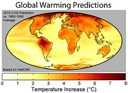 Shows the distribution of warming during the 21st century predicted by the HadCM3 climate model (one of those used by the IPCC) if a business-as-usual scenario is assumed for economic growth and greenhouse gas emissions.  The average warming predicted by this model is 3.0 °C.