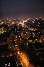 A Bird's-eye view of downntown Kiev at night.