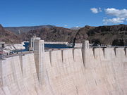 Hoover Dam, a concrete arch-gravity dam in the Black Canyon of the Colorado River.