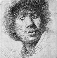 Self-portrait in a cap, with eyes wide open, etching and burin, 1630.