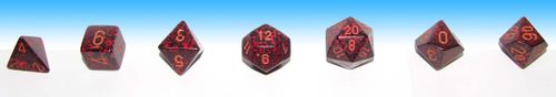 Full set of matching dice used in roleplaying: a d4, d6, d8, d12, d20, and two d10s for percentile: ones and tens.