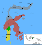 Location of Toraja (green) among Makassarese (yellow) and Bugis (red) on Sulawesi island.