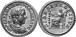 Roman denarius depicting Elagabalus. The reverse reads Fides Exercitus, or The loyalty of the army, depicting the Roman goddess Fides between two Roman army standards. Many coins issued during Elagabalus' reign bear the inscriptions Fides Exercitus or Fides Militum, emphasising the loyalty of the army as the basis for imperial power.