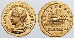Roman aureus depicting Elagabalus. The reverse reads Sanct Deo Soli Elagabal (To the Holy Sun God Elagabal), and depicts a four-horse, gold chariot carrying the holy stone of the Emesa temple.