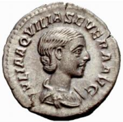 Roman denarius depicting Aquilia Severa, the second wife of Elagabalus. The marriage caused a public outrage because Aquilia was a Vestal Virgin, sworn by Roman law to celibacy for 30 years.