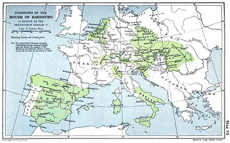 A map of the dominion of the Habsburgs following the Battle of Mühlberg (1547) as depicted in The Cambridge Modern History Atlas (1912); Habsburg lands are shaded green.