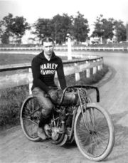 Ralph Hepburn on his Harley racing bike in this 1919 photo.