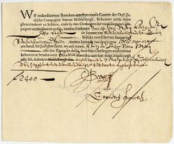 A bond issued by the Dutch East India Company, dating from 1623, for the amount of 2,400 florins