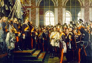 On 18 January 1871, the German Empire is proclaimed in the Hall of Mirrors of the Palace of Versailles. Bismarck appears in white.