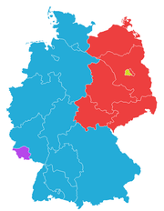 The division of Germany in 1949. The future West Germany (blue) consists of the American, British and French Zones (without the Saarland [purple], which later joined West Germany after a referendum), while East Germany (red) is formed from the Soviet Zone (without the western sections of Berlin [yellow]).