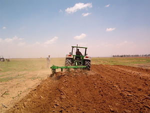 A plough in action in South Africa. Notice the soil being turned over