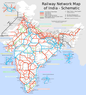 Map showing the Indian rail network and travelling times between major stations