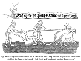 Ploughing with oxen. A miniature from an early-sixteenth-century manuscript of the Middle English poem God Spede ye Plough, held at the British Museum